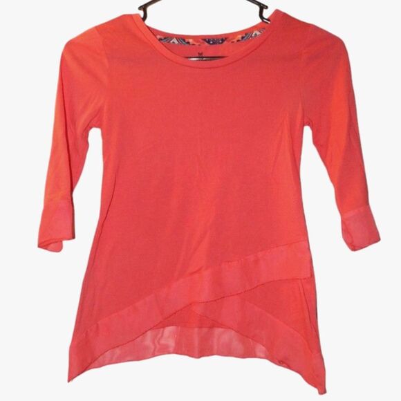 ONE STEP UP girls small 7/8 solid coral red pink 3/4 sleeve abstract hem blouse - Picture 1 of 6